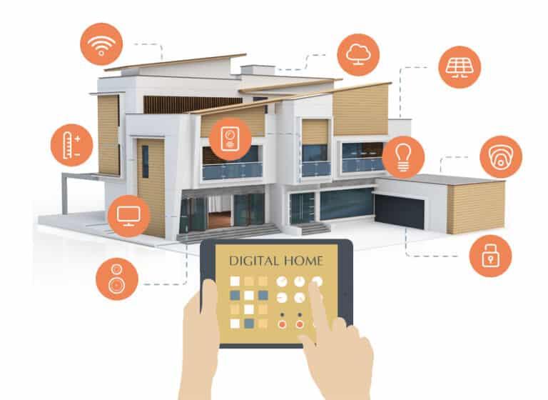 Smart home controlled by a tablet with various connected features like lighting, temperature, and security.