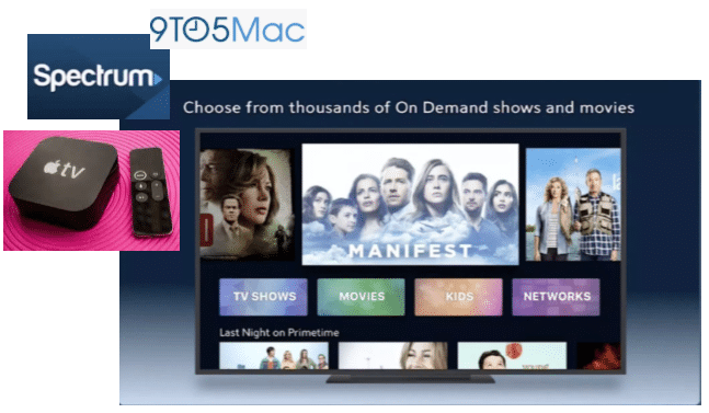 TV screen displaying Spectrum On Demand content with categories like TV shows, movies, and kids; Apple TV device and remote shown in the corner; 9to5Mac logo at the top.