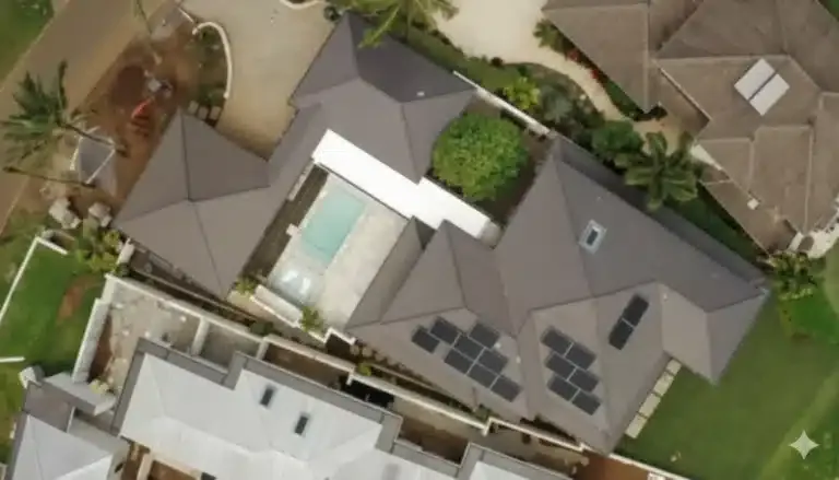 Aerial view of modern home with solar panels, swimming pool, and landscaped yard, illustrating advanced smart home features for enhanced security and efficiency.
