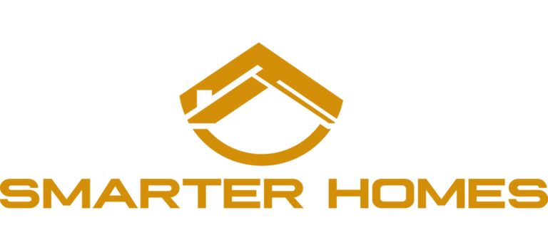 Logo for Smarter Homes Austin with house icon, "SH" letters, and "Technology Specialists" in orange and white colors.