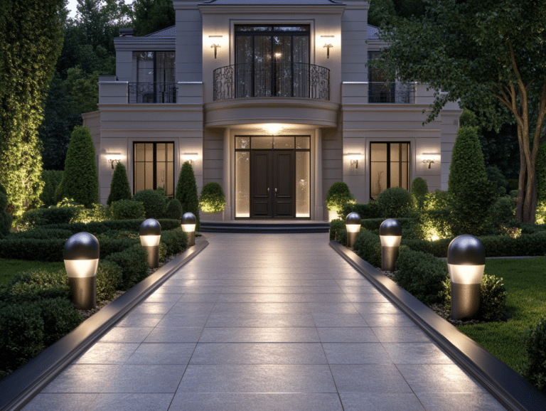 Elegant home entrance with modern outdoor lighting, landscaped garden, and pathway, highlighting smart home safety and security features.