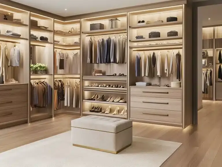 Modern luxury walk-in closet with integrated smart lighting and sleek storage solutions.