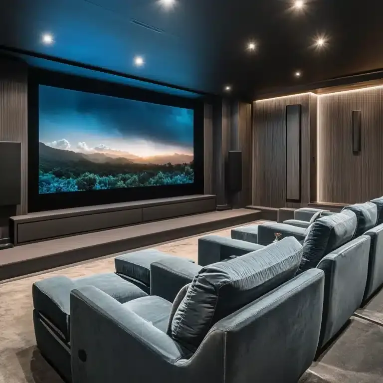 Modern home theater with plush seating, large screen displaying scenic landscape, and ambient lighting, showcasing personalized media room design by Smarter Homes Austin.