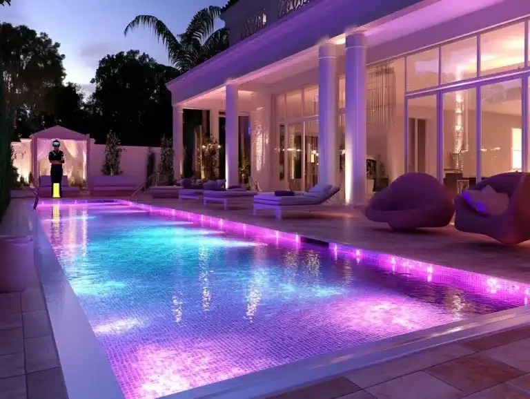 Luxury poolside area illuminated with vibrant smart light bulbs, creating a colorful evening ambiance.