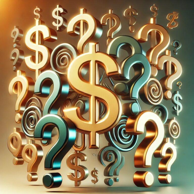 Metallic dollar signs and question marks floating in a colorful, abstract background, symbolizing financial uncertainty or decision-making.