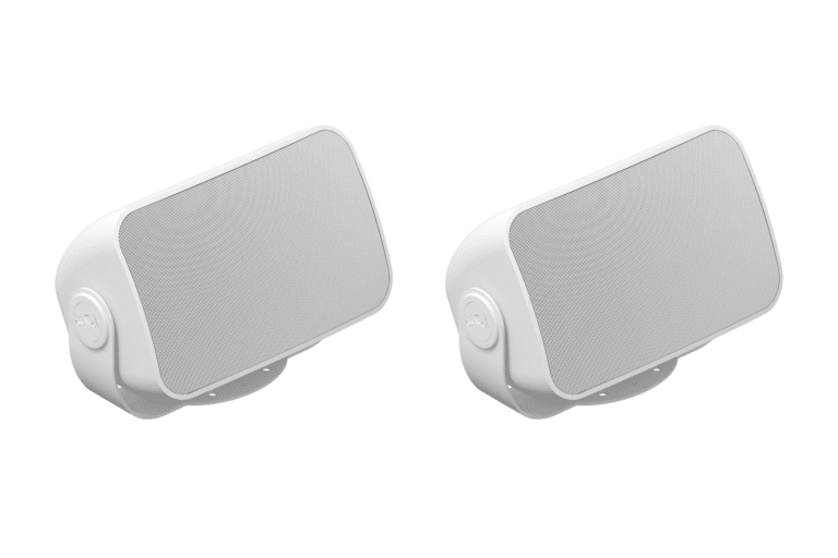 Two sleek white Sonos speakers designed for premium home audio, displayed side by side.