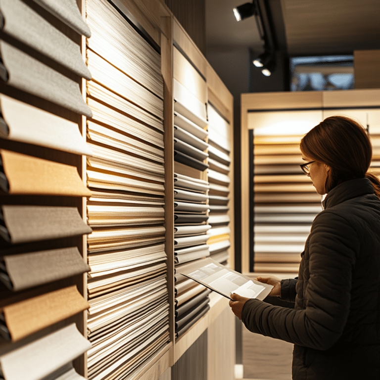 A woman looks at a display of fabric or window shade samples, holding a tablet in a well-lit showroom.