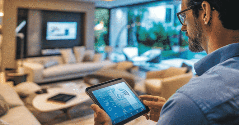 Man using a tablet to control smart home technology in a modern living room, emphasizing smart home budgeting and planning.