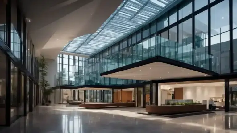 Sleek modern building interior showcasing expansive glass walls, open spaces, and natural light, emphasizing energy efficiency and comfort in building automation systems.