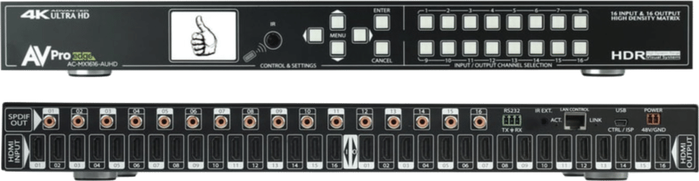 A front and back view of an AVPro Edge 16x16 HDMI Matrix Switcher, model AC-MX1616-AUHD. The front panel features a small screen displaying a thumbs-up icon, control buttons for menu navigation, and 16 input/output selection buttons. The back panel includes 16 HDMI input ports and 16 HDMI output ports, along with SPDIF audio outputs, RS232, IR extender, LAN, USB, and power connections. This professional-grade device supports 4K Ultra HD and HDR video signals.