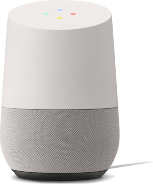 A white and gray Google Home smart speaker with colored LED lights on top.