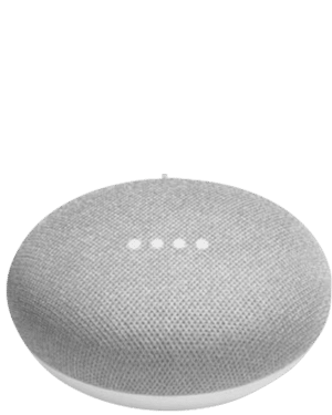 A gray Google Nest Mini smart speaker with four white LED indicator lights on top.