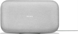 A white Google Home Max smart speaker with LED indicator lights on the front.