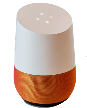 A smart speaker with a white top and orange fabric base, displaying four colored indicator lights.