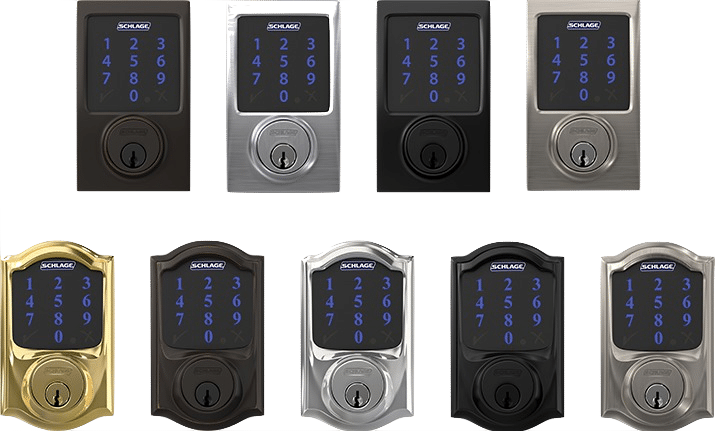 A variety of Schlage smart deadbolt locks in different finishes including black, silver, gold, and bronze, all featuring illuminated touchscreen keypads.