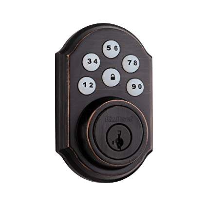 A bronze Kwikset electronic deadbolt lock with a keypad featuring circular number buttons and a keyhole at the bottom.