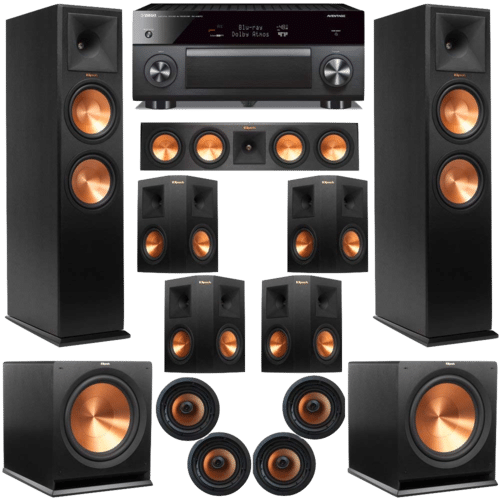Complete surround sound home theater system including floor-standing speakers, a receiver, center channel speaker, multiple satellite and in-ceiling speakers, and two subwoofers, all with copper-colored speaker cones.