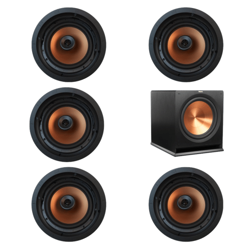 A collection of five round in-ceiling speakers with copper-colored cones and one matching subwoofer, arranged on a light gray background.