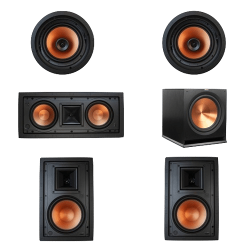 A set of six black and copper-colored home theater speakers, including in-ceiling, in-wall, center channel, and subwoofer models, arranged on a light gray background.