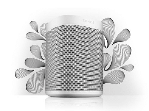 White Sonos speaker with artistic black and white soundwave graphics in the background.