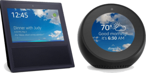 Two smart home assistant devices with screens displaying time, weather, and reminders.