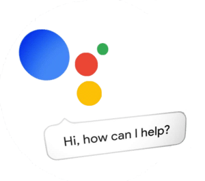 Google Assistant logo with colored dots and a speech bubble saying, "Hi, how can I help?"