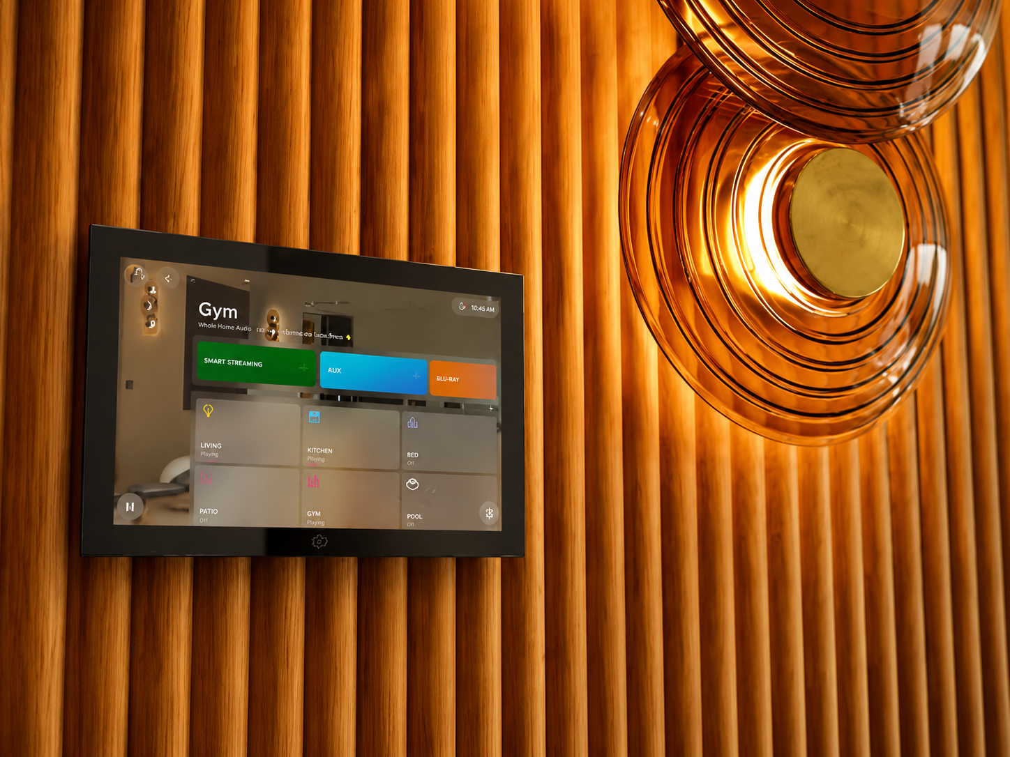 Built-in wall rack filled with audio and video equipment in a home theater or smart home setup.