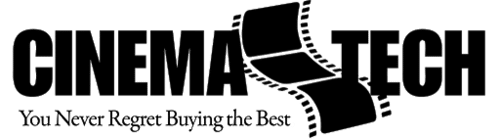 CINEMATECH logo with a stylized film strip integrated into the text and the slogan "You Never Regret Buying the Best" written underneath.
