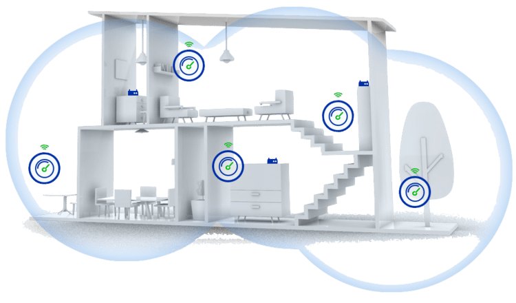 A visual representation of a multi-level smart home illustrating a mesh Wi-Fi network setup. The diagram shows a cutaway of a two-story house with multiple rooms, including a kitchen, dining area, living room, bedroom, and outdoor space. Circular icons with Wi-Fi signals and checkmarks are strategically placed throughout the home and outside near a tree, indicating optimal wireless coverage. Blue outlines show the overlapping wireless coverage areas, ensuring seamless internet connectivity across the entire property.
