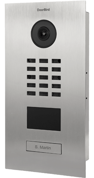 DoorBird video doorbell with camera and intercom features, showcasing sleek stainless steel design and customizable nameplate, relevant for smart home technology discussions.