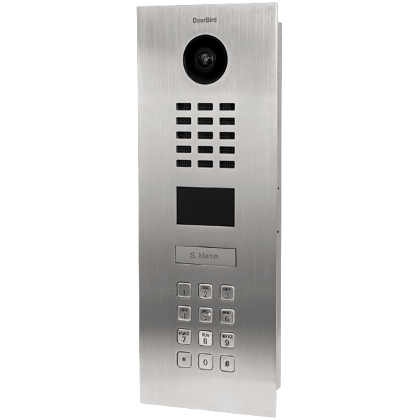 Stainless steel DoorBird video doorbell with camera, keypad, and display, showcasing smart home technology for enhanced security.