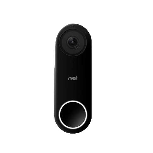 Nest Hello video doorbell with circular button, showcasing smart home technology for enhanced security and convenience.