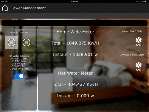 Smart home energy management screen showing power usage for home-wide and hot water meters, with HVAC system states for upstairs and downstairs, and a visible schedule for hot water.
