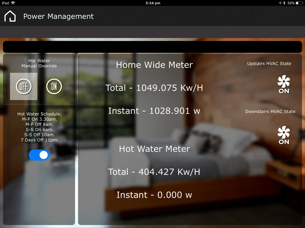 A smart home power management interface displaying energy usage, HVAC status, and hot water control settings.