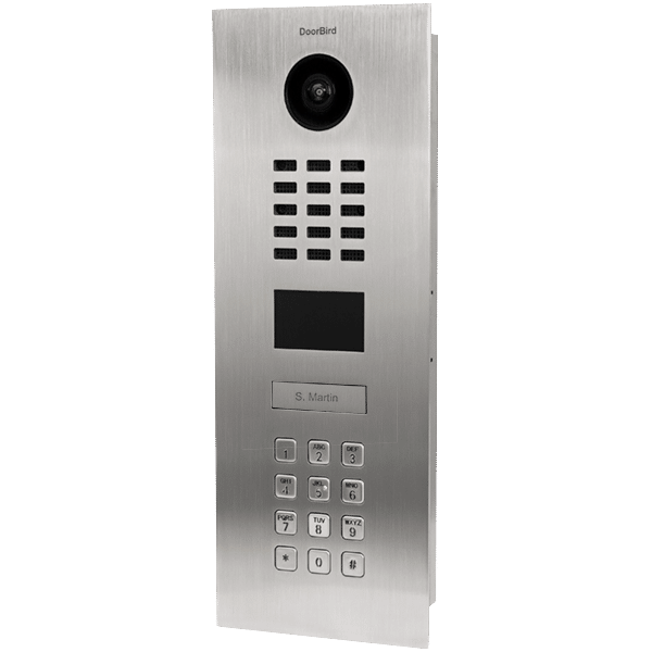 Stainless steel DoorBird video doorbell with camera, keypad, and display, showcasing smart home technology for enhanced security.
