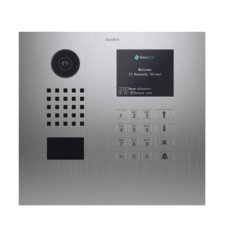 Video doorbell intercom system featuring a camera, keypad, and display screen, showcasing the DoorBird brand and installation details relevant to smart home technology.