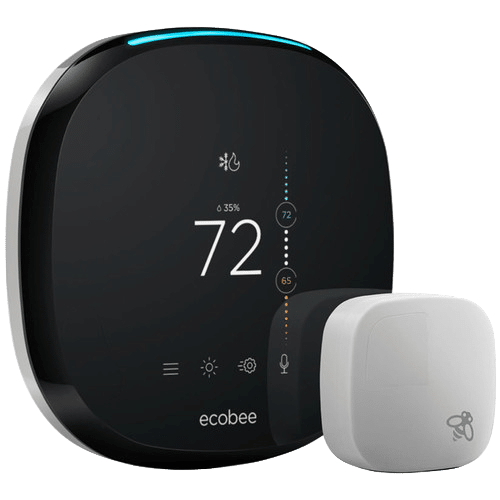 Smart thermostat by Ecobee showing a temperature of 72&deg;F, accompanied by a white room sensor.