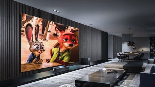 Luxury living room featuring large screen displaying animated characters, emphasizing home entertainment in modern home automation design.