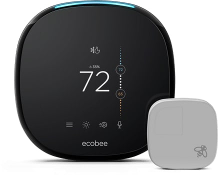 Smart Ecobee thermostat displaying temperature settings and energy usage, paired with a sensor, emphasizing energy efficiency and comfort for winterizing smart homes.