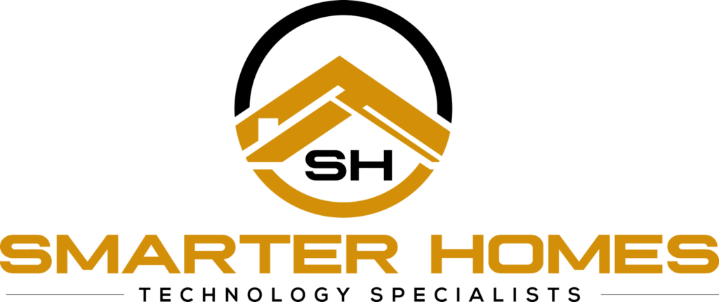 The Smarter Homes logo displays a stylized house roofline in gold and black forming a circular emblem with the initials "SH" in the center. Below the icon, the bold gold text reads "SMARTER HOMES," and underneath it, smaller black text spells out "TECHNOLOGY SPECIALISTS," all set against a light gray background.