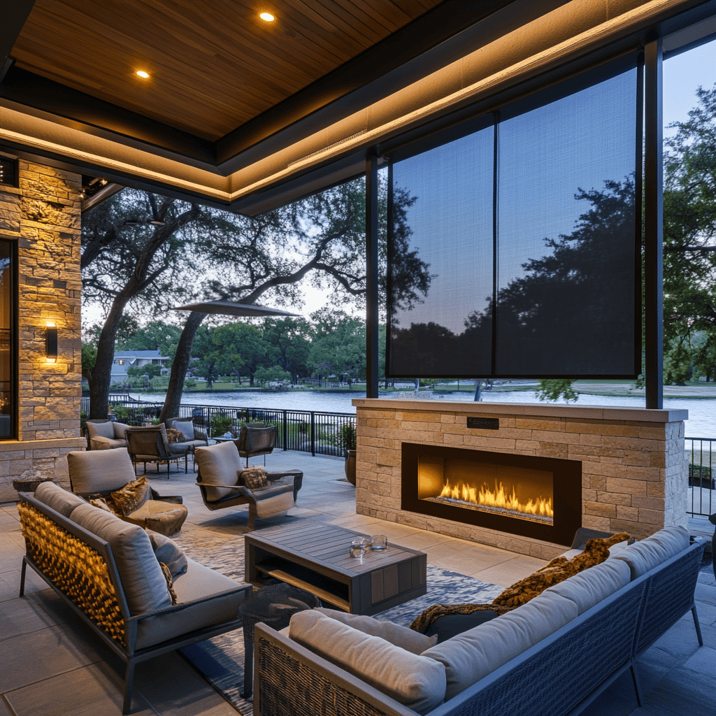 Cozy outdoor patio with modern furniture, a stone fireplace, and motorized shades overlooking a lake and trees at sunset.
