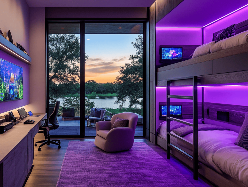 A high-tech bedroom and gaming space with a modern setup featuring built-in bunk beds with integrated screens and ambient purple LED lighting. A sleek work desk with multiple monitors lines the left wall, and a plush lounge chair sits on a purple rug. Large sliding glass doors open to a patio overlooking a serene lake and trees at sunset, creating a balance between indoor luxury and natural beauty.