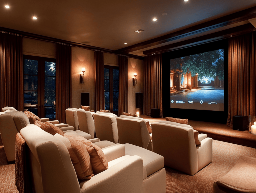 A luxury home theater room featuring multiple rows of plush, cream-colored recliner chairs with accent pillows. The room has warm lighting, dark brown curtains covering large windows, and a large projector screen displaying a nighttime scene. Elegant wall sconces and candles provide ambient lighting, creating a cozy and cinematic atmosphere.
