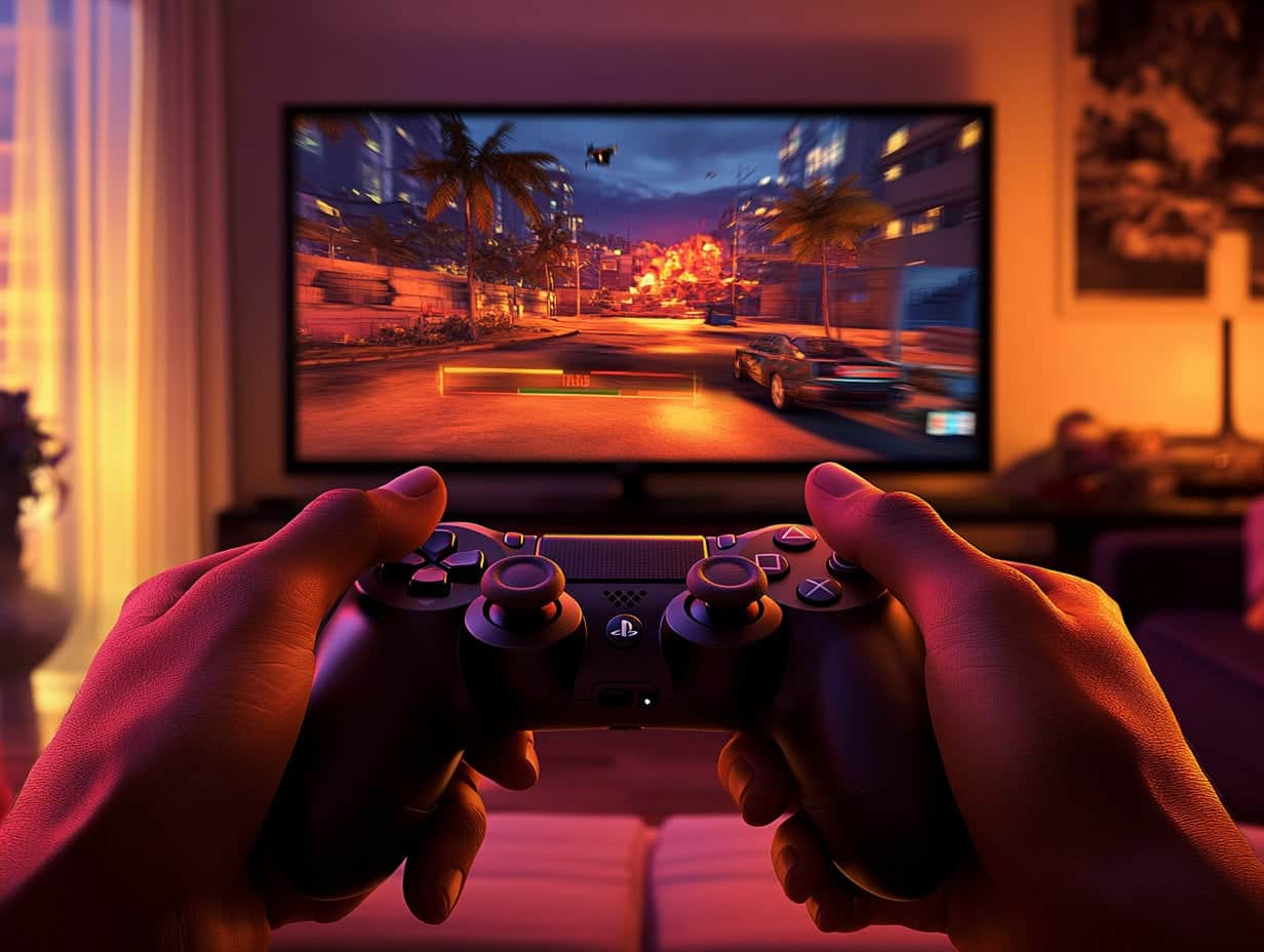 Hands holding a gaming controller in front of a large screen TV displaying a vibrant racing video game in a cozy, warmly lit living room.