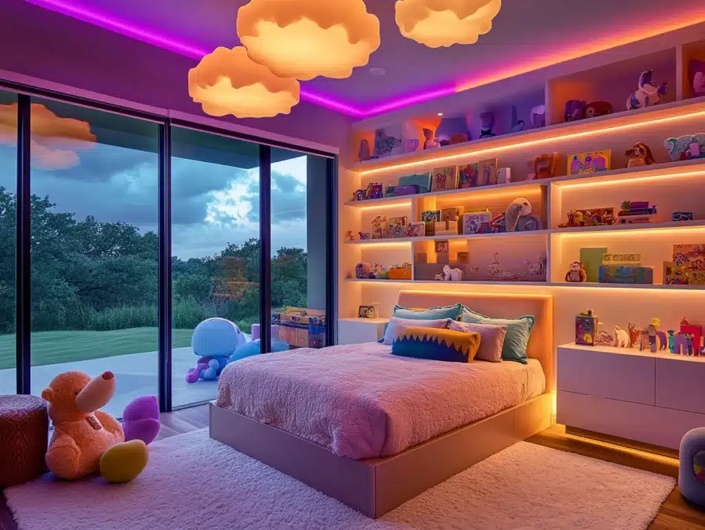 A colorful and cozy modern children's bedroom with playful lighting and decor. The room features a bed with soft bedding and plush pillows, surrounded by wall-mounted shelves filled with toys, books, and stuffed animals. The ceiling is illuminated with pink and purple LED strip lights, and whimsical cloud-shaped pendant lights hang overhead. Large floor-to-ceiling sliding glass doors open to a green outdoor area, and a large teddy bear sits on a soft rug beside the bed. The space feels vibrant, imaginative, and welcoming for a child.