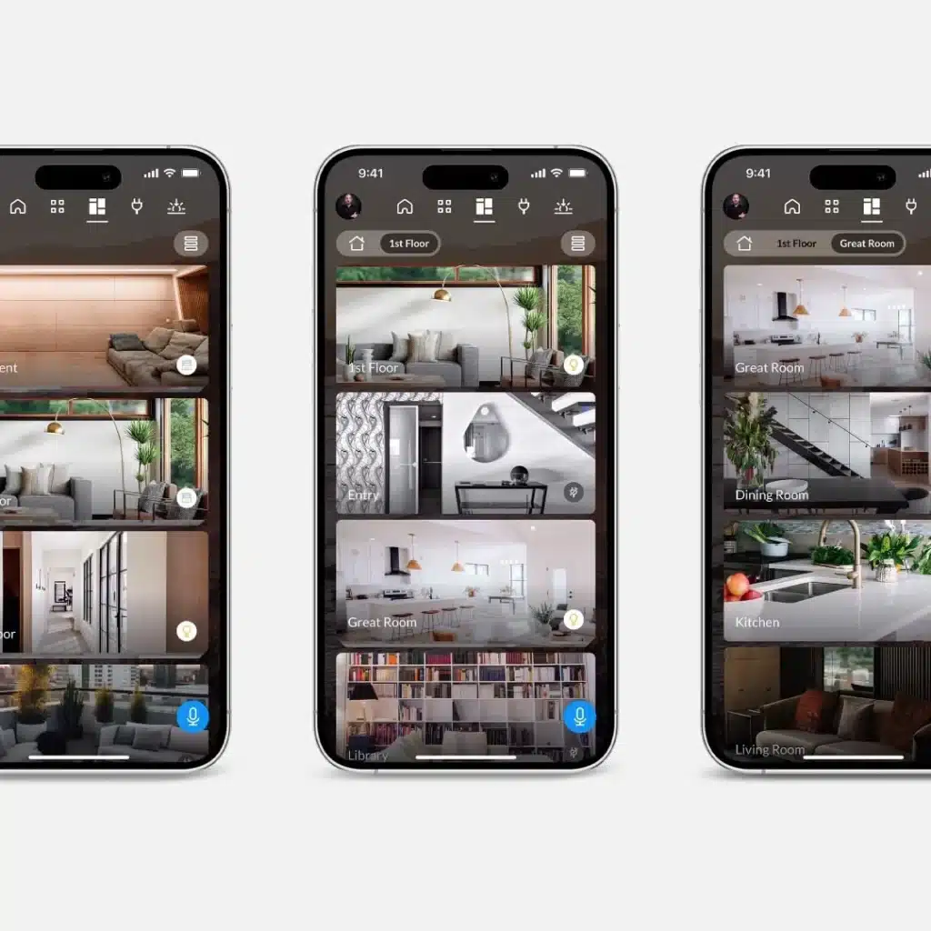 : Three smartphones display a home automation app interface with labeled rooms including "Living Room," "Great Room," "Kitchen," "Library," and "Dining Room." The app shows live camera views or smart controls for different home areas, featuring modern, well-lit interiors with stylish decor and furnishings.