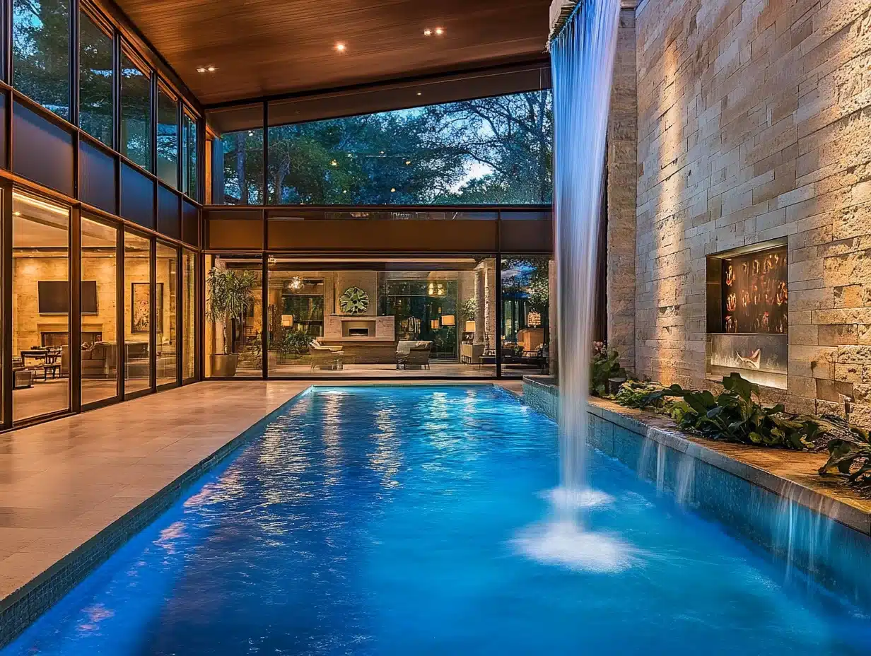 A luxurious indoor-outdoor pool illuminated with blue lights, featuring a dramatic waterfall cascading from the ceiling into the pool. The space is enclosed with floor-to-ceiling glass walls, providing a view of the modern interior living area furnished with elegant d&eacute;cor. A natural stone wall with a built-in fire feature and surrounding plants adds a warm, spa-like ambiance to the scene.