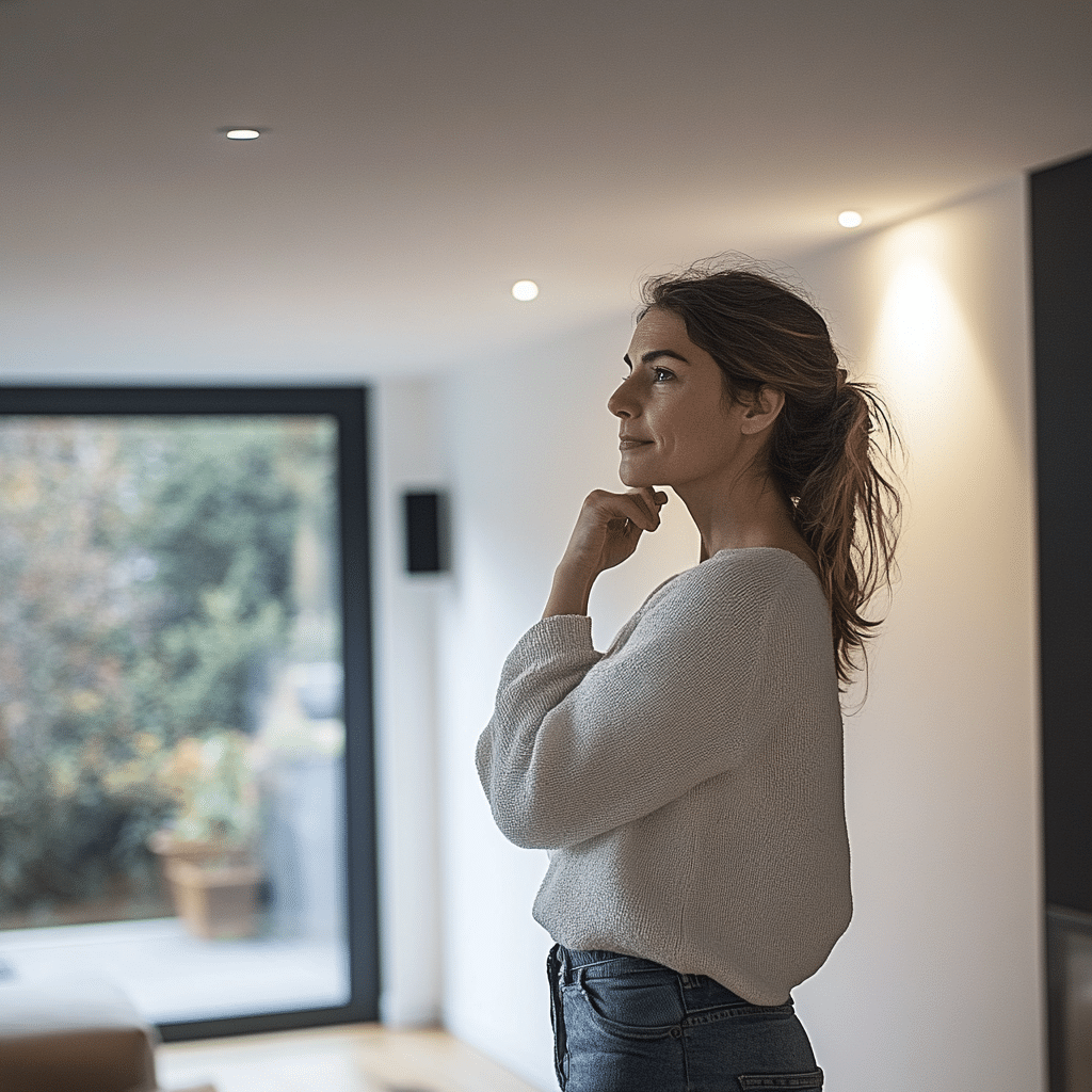 A thoughtful woman standing in a modern, minimalistic living room with recessed ceiling lights and a large window providing a view of greenery outside. She is wearing a white sweater and jeans, with her hand resting on her chin, appearing to be contemplating or admiring the room&rsquo;s ambiance.