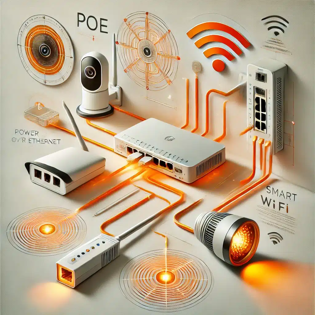 Illustration of a smart WiFi network setup using Power over Ethernet (PoE), with connected devices like a camera, router, switch, and smart light.