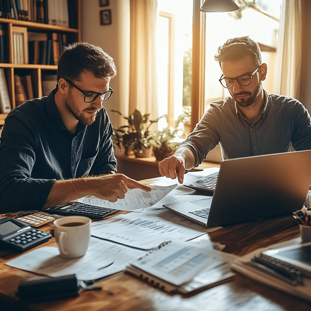 Two men wearing glasses are working together at a wooden desk covered with financial documents, a laptop, a calculator, and a cup of coffee. They are focused, pointing at printed charts and graphs, likely discussing business or project details in a sunlit office with bookshelves and indoor plants in the background.